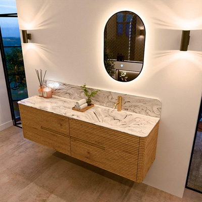 Mondiaz CIRO-DLUX Meuble de salle de bains - 170x45x50cm - Plan vasque solid surface Glace - 1 bassin à droite - 1 trou de robinet - 4 tiroirs - Chêne