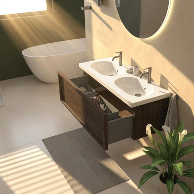 Saniclass Holz Frame Ensemble de meubles de salle de bains - 120x45x43.5cm - Lavabo en céramique Palermo blanc - 2 vasques - 2 trous de robinet - 1 tiroir - chêne charcoal mat (bois)