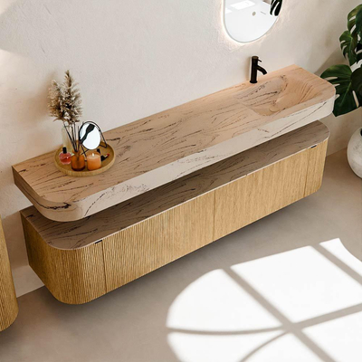 MONDIAZ THOR-DLUX 200cm meuble de salle de bains arrondi gauche + droite couleur Oak avec 2 tiroirs et 2 portes. Vasque suspendue CLOUD Droite 1 trou de robinet couleur Arena.