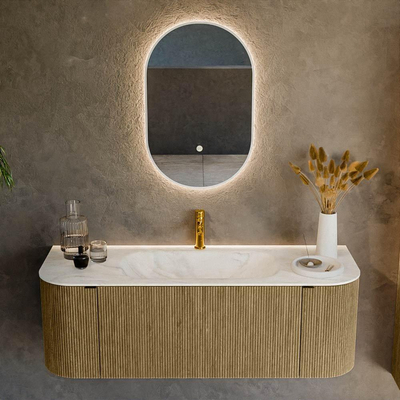 Mondiaz KURVE-DLUX Badkamermeubelset - 130x46x40cm - 1 lade - 2 deuren - wastafel solid surface - midden - 1 kraangat - Dusk