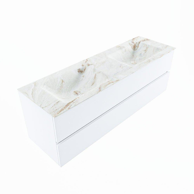 MONDIAZ VICA-DLUX Ensemble meuble de salle de bains - 150cm - meuble bas Talc - 2 tiroirs - lavabo encastré Cloud double - sans trous de robinet - version hauteur 60cm - Frappe