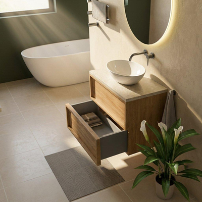 Saniclass Holz Frame Ensemble de meubles de salle de bains - 80x45x63cm - Plan de travail en pierre naturelle travertin - sans trou de robinet - 2 tiroirs - chêne natural mat (bois)