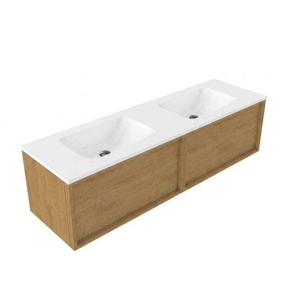 Saniclass Holz Frame Ensemble meuble de salle de bains - 160x45x57.5cm - vasque Torino en solid surface blanc - sans trou de robinetterie - 2 tiroirs - chêne natural mat (bois)