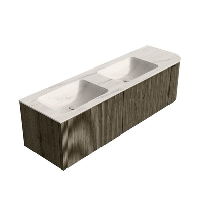 MONDIAZ KURVE-DLUX meuble de salle de bains 155cm arrondi Droit couleur Shadow avec 2 tiroirs et 1 porte. Vasque LEAF Double / Gauche 2 trous de robinet Meli.