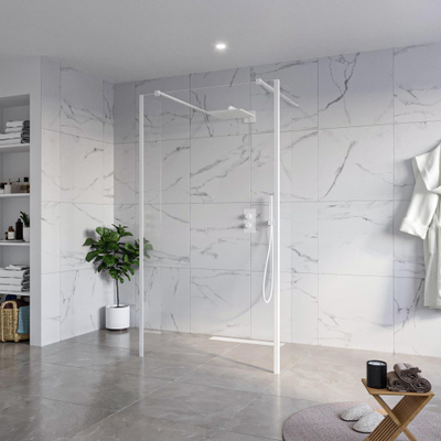 FugaFlow Eccelente Vetro Vrijstaande inloopdouche badkamer - 110x200cm - Helder - antikalk - 8mm veiligheidsglas - 2 zijwanden 30cm - met wandarmen en hoekprofielen - Wit mat -