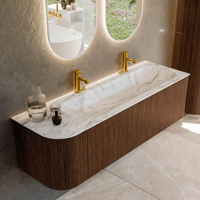 MONDIAZ KURVE-DLUX 145cm badmeubel met module 25 L kleur Walnut met 1 lade en 1 deur. Wastafel BIG LARGE rechts 2 kraangaten kleur Glace.