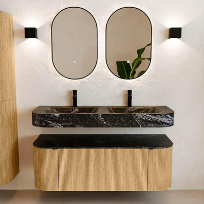 MONDIAZ THOR-DLUX 130cm badmeubel ronding links + rechts kleur Oak met 1 lade en 2 deuren. Vrijhangende wastafel CLOUD Dubbel 2 kraangaten kleur Lava.