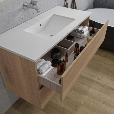 Saniclass Chaci Ensemble meuble de salle de bains - 100x46x55cm - lavabo en céramique blanc - 1 vasque - sans trous de robinet - 2 tiroirs - armoire de toilette - chêne