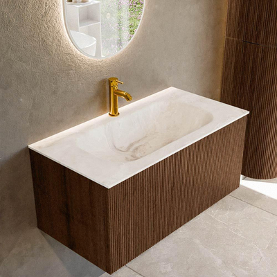 MONDIAZ KURVE-DLUX 90cm badmeubel kleur Walnut met 1 lade. Wastafel BIG SMALL midden 1 kraangat kleur Frappe.