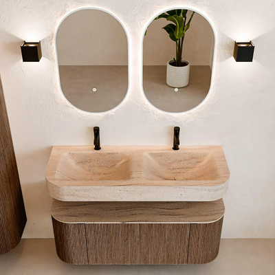 MONDIAZ THOR-DLUX 120cm meuble de salle de bains arrondi gauche + droite couleur Walnut avec 1 tiroir et 2 portes. Vasque suspendue CLOUD Double 2 trous de robinet couleur Saba.