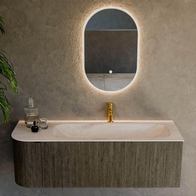 MONDIAZ KURVE-DLUX Meuble de salle de bains 135cm arrondi à gauche couleur Shadow avec 1 tiroir et 1 porte. Lavabo BIG MEDIUM à droite 1 trou de robinet Meli.