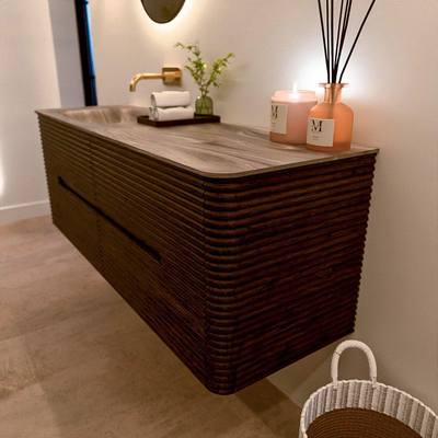 Mondiaz CIRO-DLUX Badkamermeubelset - 140x45x50cm - Solid surface wastafel Sombra - 1 wasbak Links - zonder kraangaten - 4 lades - Walnut