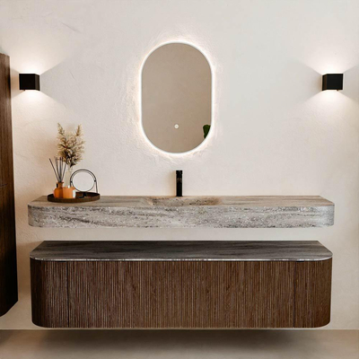 MONDIAZ THOR-DLUX 180cm meuble de salle de bains arrondi gauche + droite couleur Walnut avec 2 tiroirs et 2 portes. Vasque suspendue CLOUD Milieu 1 trou de robinet couleur Oza.