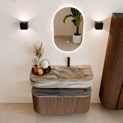 MONDIAZ THOR-DLUX 100cm badmeubel ronding links + rechts kleur Walnut met 1 lade en 2 deuren. Vrijhangende wastafel CLOUD Rechts 1 kraangat kleur Sombra.