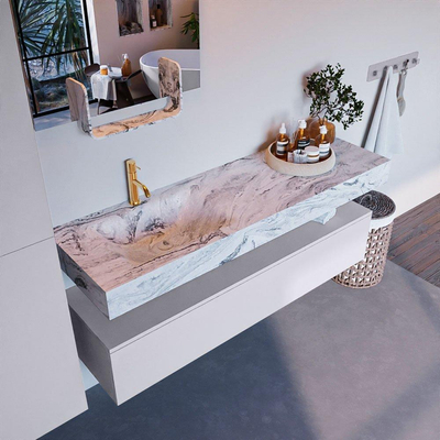 Mondiaz ALAN-DLUX Ensemble de meuble - 150cm - meuble Cale mat - 1 tiroir - Lavabo Cloud Glace suspendu - vasque Gauche - 1 trou de robinet