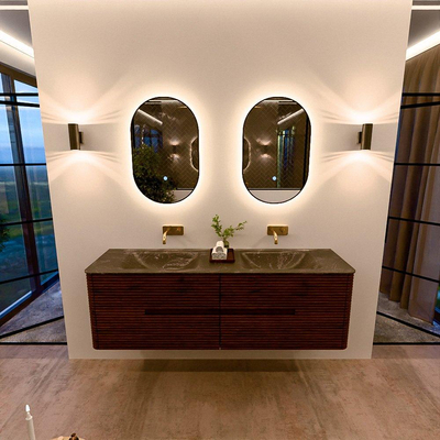 Mondiaz CIRO-DLUX Meuble de salle de bains - 160x45x50cm - Plan-vasque solid surface Lava - 2 vasques Double - sans trous de robinetterie - 4 tiroirs - Ruby