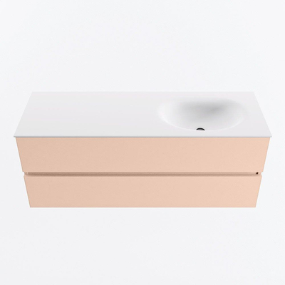 MONDIAZ VICA Ensemble meuble de salle de bains - 130cm - meuble bas rosee - 2 tiroirs - plan-vasque moon à droite - 1 trou de robinet - version hauteur 60cm - talc