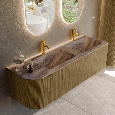 MONDIAZ KURVE-DLUX Meuble de salle de bains 145 cm arrondi à gauche couleur Dusk avec 1 tiroir et 1 porte. Lavabo LEAF Double / Droite 2 trous de robinet Oza.