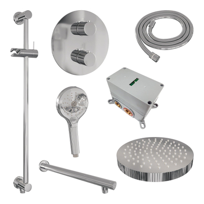 BRAUER Stripe Thermostatische Inbouw Regendouche - 3-weg - rond - SET 46 - 25cm douchekop - rechte muurarm - 3-standen handdouche - doucheslang - geïntegreerde glijstang - chroom