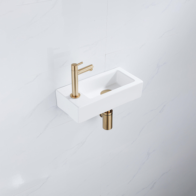 QeramiQ Lave-mains Kit lave-mains - 37.5x18.5x9cm - céramique - trou de robinet gauche - robinet lave-mains en laiton brossé - bonde de vidage - siphon abaissé - Mat blanc