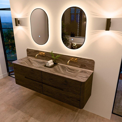 Mondiaz CIRO-DLUX Badkamermeubelset - 160x45x50cm - Solid surface wastafel Sombra - 2 wasbak Dubbel - zonder kraangaten - 4 lades - Shadow