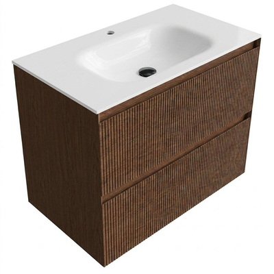 Saniclass Holz Atelier Ensemble meuble de salle de bains - 80x45x61.5cm - Flow lavabo en solid surface blanc - 1 vasque - 1 trou de robinetterie - 2 tiroirs - walnut pure mat (bois)