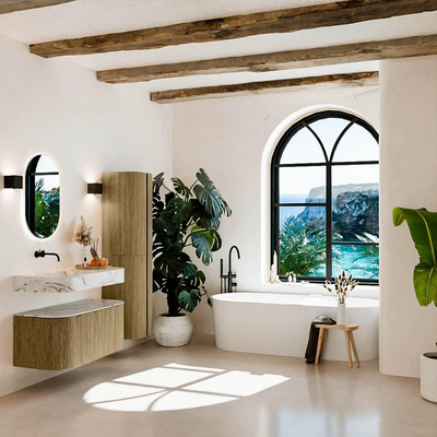 MONDIAZ THOR-DLUX 100cm meuble de salle de bains arrondi gauche + droite couleur Dusk avec 1 tiroir et 2 portes. Vasque suspendue CLOUD Gauche sans trou de robinet couleur Glace.