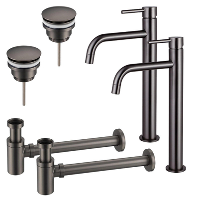FugaFlow Eccelente Sobrado Slim Kit robinet lavabo - pour double vasque - robinet rehaussé - bonde clic clac - siphon design bas - Gunmetal PVD