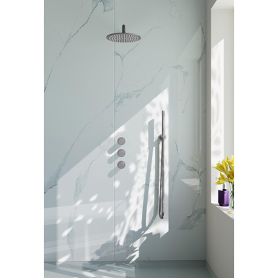 Fortifura Nebbio Regendoucheset - inbouwkraan - inbouwdeel - wandaansluitbocht - doucheslang glad - staafhanddouche - 35cm - wandarm - 30cm ronde hoofddouche - PVD - geborsteld RVS