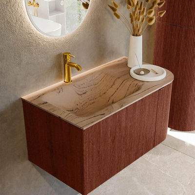MONDIAZ KURVE-DLUX meuble de salle de bains 85cm arrondi à droite couleur Ruby avec 1 tiroir et 1 porte. Lavabo CLOUD à gauche 1 trou de robinet Arena.