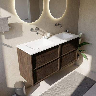 Saniclass Holz Frame Ensemble de meubles de salle de bains - 140x45x77.5cm - lavabo Torino en solid surface blanc - sans trou de robinet - 4 tiroirs - chêne charcoal mat (bois)