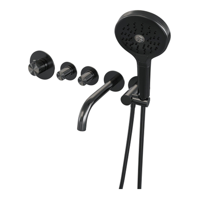 BRAUER Stripe Thermostatische Badkraan - SET 02 - inbouw - uitloop - 3-standen handdouche - doucheslang - wandaansluitbocht - gunmetal geborsteld PVD