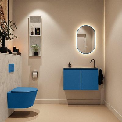 MONDIAZ TURE-DLUX Meuble toilette - 80cm - Jeans - EDEN - vasque Opalo - position droite - 1 trou de robinet