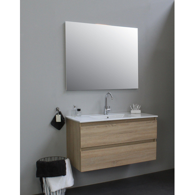 Basic Bella Meuble avec lavabo en porcelaine 100x55x46cm 1 trou de robinet avec miroir Chêne