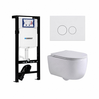 QeramiQ Dely Swirl Toiletset - 36.3x51.7cm - Geberit UP320 plieger inbouwreservoir - slim zitting - glans witte bedieningsplaat - ronde knoppen - mat wit