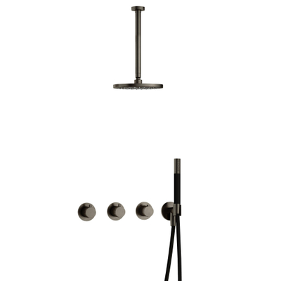 Hotbath Cobber IBS70 Regendoucheset - inbouw - 30cm plafondarm - 20cm ronde hoofddouche - staafhanddouche - mat/glans verouderd ijzer (zwart)