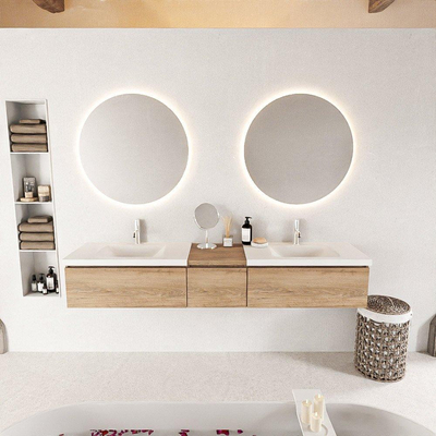 MONDIAZ BUKLA 200cm ensemble de meuble avec module 40 couleur Chêne blanchi avec 3 tiroirs. Lavabo CLOUD double 2 trous de robinet couleur Talc.