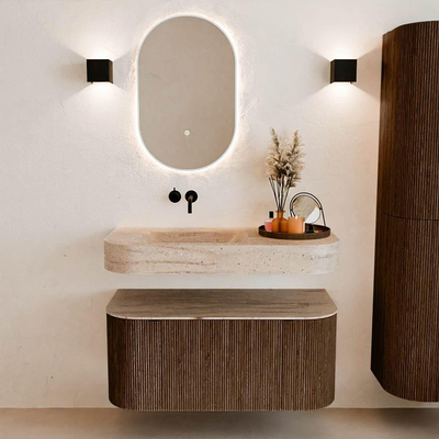 MONDIAZ THOR-DLUX 100cm badmeubel ronding links + rechts kleur Walnut met 1 lade en 2 deuren. Vrijhangende wastafel CLOUD Links zonder kraangat kleur Saba.