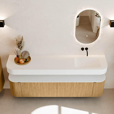 MONDIAZ THOR Meuble de salle de bains 190cm arrondi gauche + droite couleur Oak avec 2 tiroirs et 2 portes. Vasque suspendue CLOUD Droite sans trou de robinet couleur Talc.