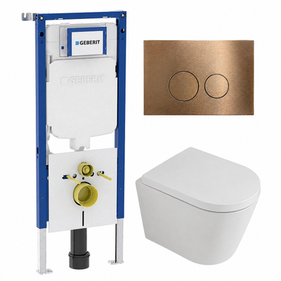 QeramiQ Dely Toiletset - 36.3x51.7cm - diepspoel - rimless - Geberit UP720 inbouwreservoir - softclose toilet zitting 35 mm - koperen bedieningsplaat - ronde knoppen - mat wit