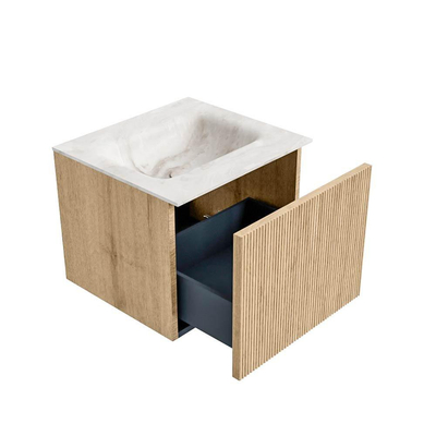 MONDIAZ KURVE-DLUX Meuble de salle de bains 50cm couleur Oak avec 1 tiroir. Lavabo GRUNNE centré sans trou de robinet couleur Frappe.