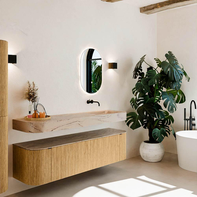 MONDIAZ THOR-DLUX Meuble de salle de bains 170cm arrondi gauche + droite couleur Oak avec 1 tiroir et 2 portes. Vasque suspendue CLOUD Droite sans trou de robinet couleur Arena.