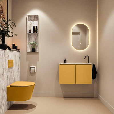 MONDIAZ TURE-DLUX Meuble toilette - 80cm - Ocher - EDEN - vasque Glace - position droite - 1 trou de robinet