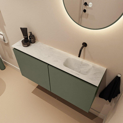 MONDIAZ TURE-DLUX Meuble de toilette 100 cm Army. EDEN vasque Opalo position droite. Sans trou de robinet.