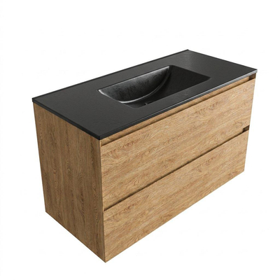 Saniclass Holz Pure Ensemble de meubles de salle de bains - 100x45x62cm - Lavabo Vygo en céramique noir - 1 vasque - sans trou de robinet - 2 tiroirs - chêne natural mat (bois)
