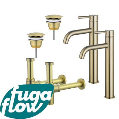 FugaFlow Eccelente Sobrado Badkamer Wastafelkraanset - voor dubbele wastafel - verhoogde wastafelkraan - always open plug - design sifon - PVD Geborsteld Messing
