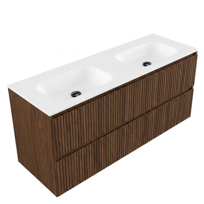 Saniclass Holz Atelier Ensemble de meubles de salle de bains - 140x45x61.5cm - Flow lavabo en solid surface blanc - 2 vasques - 2 trous de robinet - 4 tiroirs - walnut pure mat (bois)