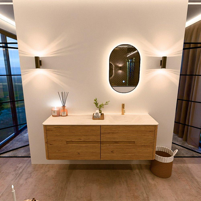 Mondiaz CIRO-DLUX Badkamermeubelset - 150x45x50cm - Solid surface wastafel Meli - 1 wasbak Rechts - 1 kraangat - 4 lades - Oak