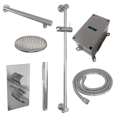 Ensemble de douche pluie encastré Brauer Chrome - douche principale 30 cm - bouton carving - douchette à main 1 fonction - barre de douche - chrome