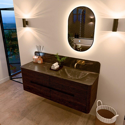 Mondiaz CIRO-DLUX Badkamermeubelset - 140x45x50cm - Solid surface wastafel Lava - 1 wasbak Rechts - zonder kraangaten - 4 lades - Walnut